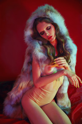 fur hood, multi colored fur, georgiana saraev model, topless model