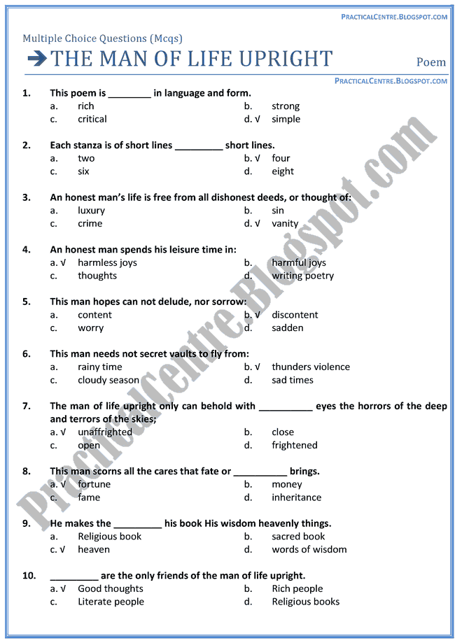 The-Man-Of-The-Upright-Poem-MCQs-English-XII