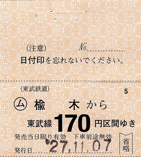 東武鉄道 常備軟券乗車券 日光線 楡木駅