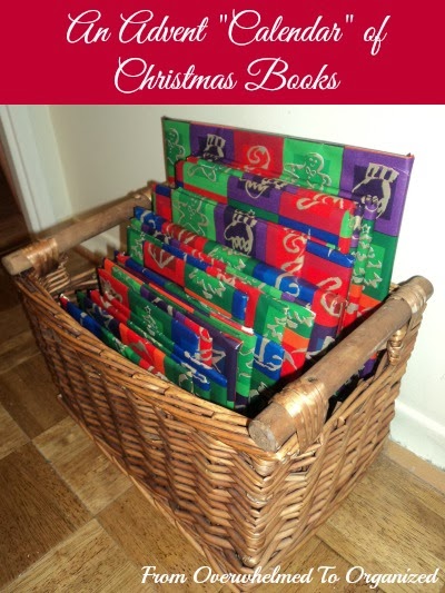An advent calendar of Christmas books, a basket of books wrapped in Christmas themed paper.
