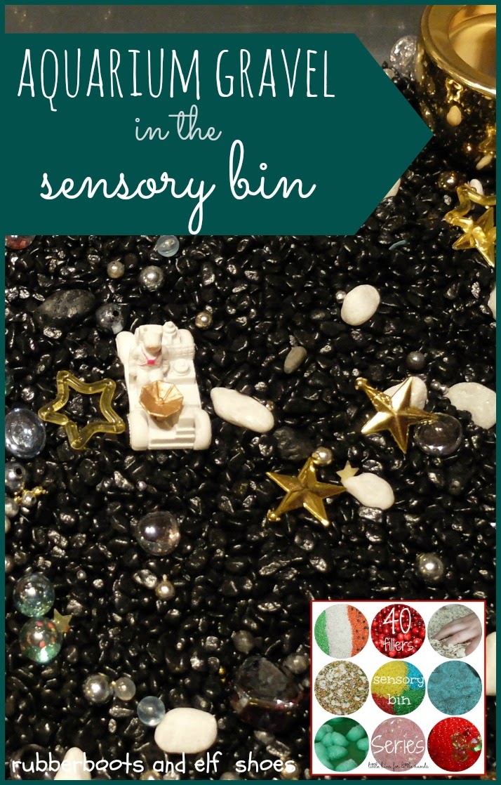 sensory bin filler aquarium gravel rubber boots and elf shoes