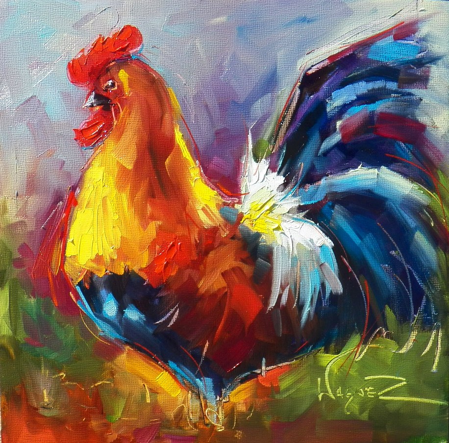Palette Knife Painters, International COLORFUL ROOSTER by OLGA WAGNER
