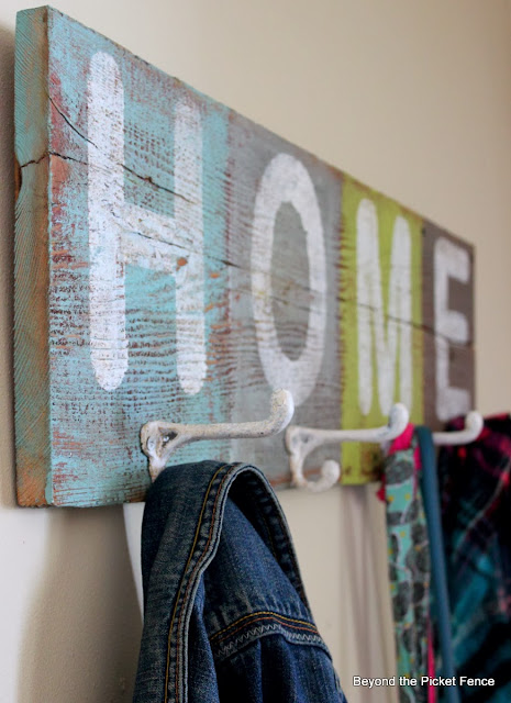 Home sign and coat hook http://bec4-beyondthepicketfence.blogspot.com/2014/02/home-hooks-and-my-thoughts-on-color.html