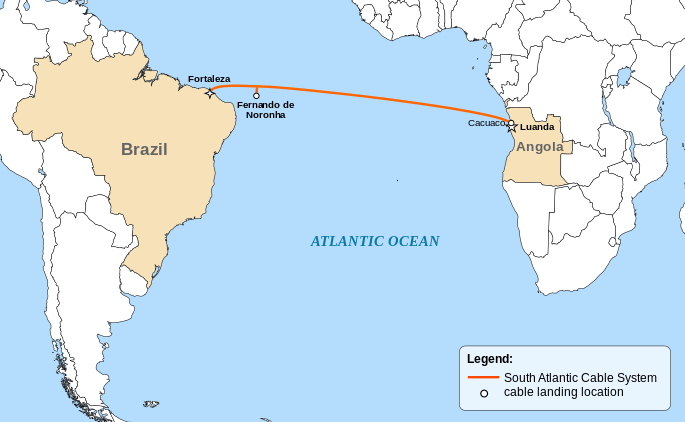 the south atlantic system According to angola cables, the installation of the south atlantic cable system (sacs) is nearing completion the sacs is the first direct link between africa and south america, spans 6 300km linking luanda, angola, and fortaleza, brazil, with a leg connecting the brazilian archipelago of fernando de noronha as well. the south atlantic system According to angola cables, the installation of the south atlantic cable system (sacs) is nearing completion the sacs is the first direct link between africa and south america, spans 6 300km linking luanda, angola, and fortaleza, brazil, with a leg connecting the brazilian archipelago of fernando de noronha as well.
