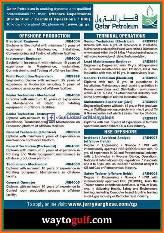 Offshore jobs for Qatar Petroleum Gulf Jobs for Malayalees