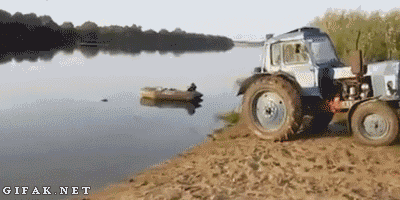 tractor drags car out of fishing lake funny car follows boat trailer into water funny