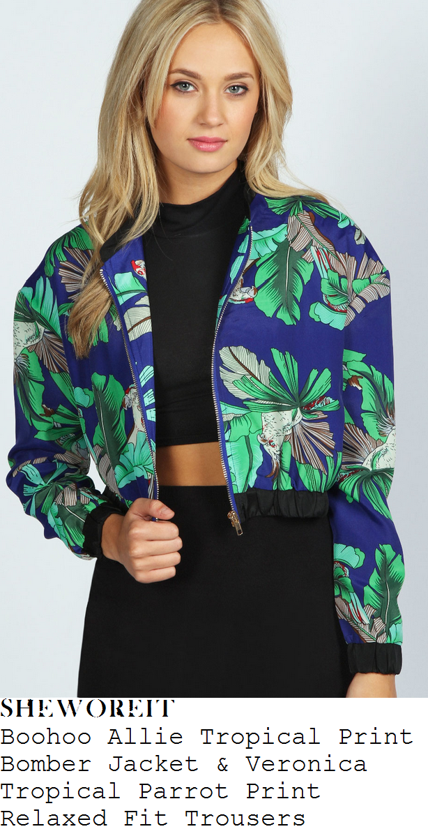 hannah-barrett-blue-green-and-white-tropical-leaf-and-parrot-bird-print-bomber-jacket-and-trousers-x-factor-big-band-week-results-show