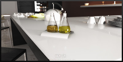 Cinema 4d e Vray - Vetro 3d -  Render oggetti 3d - Rendering piano tavolo cucina in okite bianca - Render bottiglie vetro con olio ed aceto