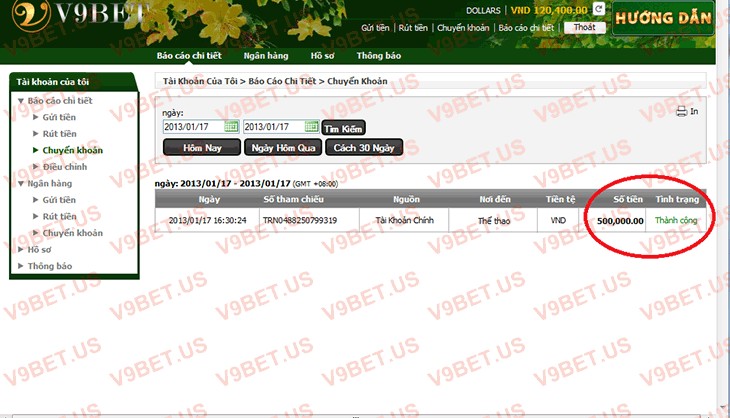 chuyển khoản v9bet bước 3
