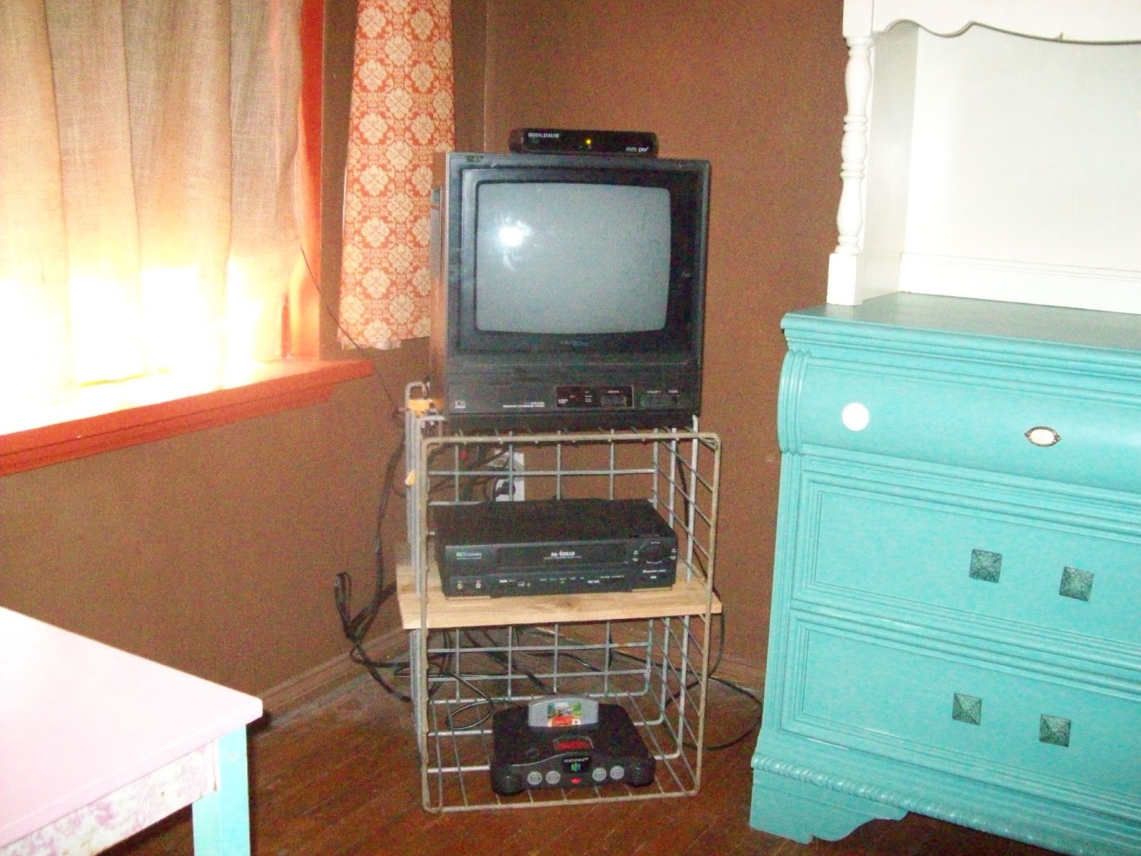 Shabby Pink Bungalow Wire Milk Crate Turned TV Stand