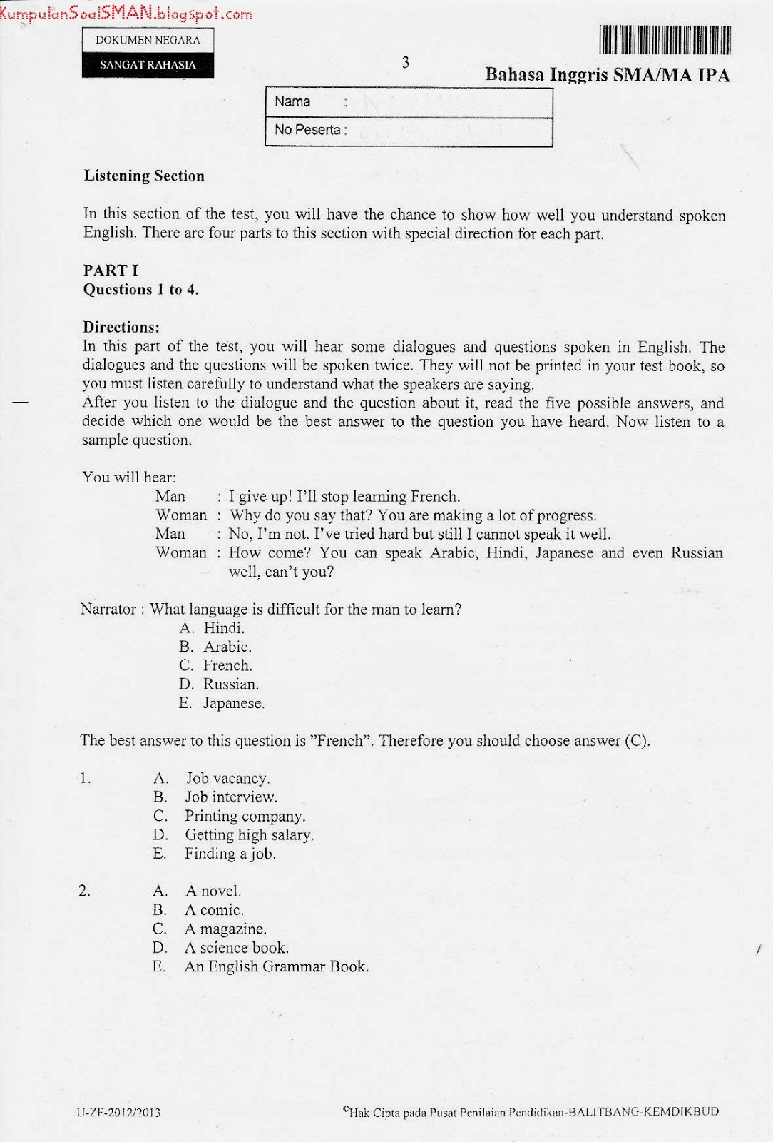 Soal UN Bahasa Inggris SMA/IPA Kode Soal 49 TA 2012/2013 Download Soal UN Bahasa Inggris SMA/IPA Kode Soal 49 TA 2012/2013 Download