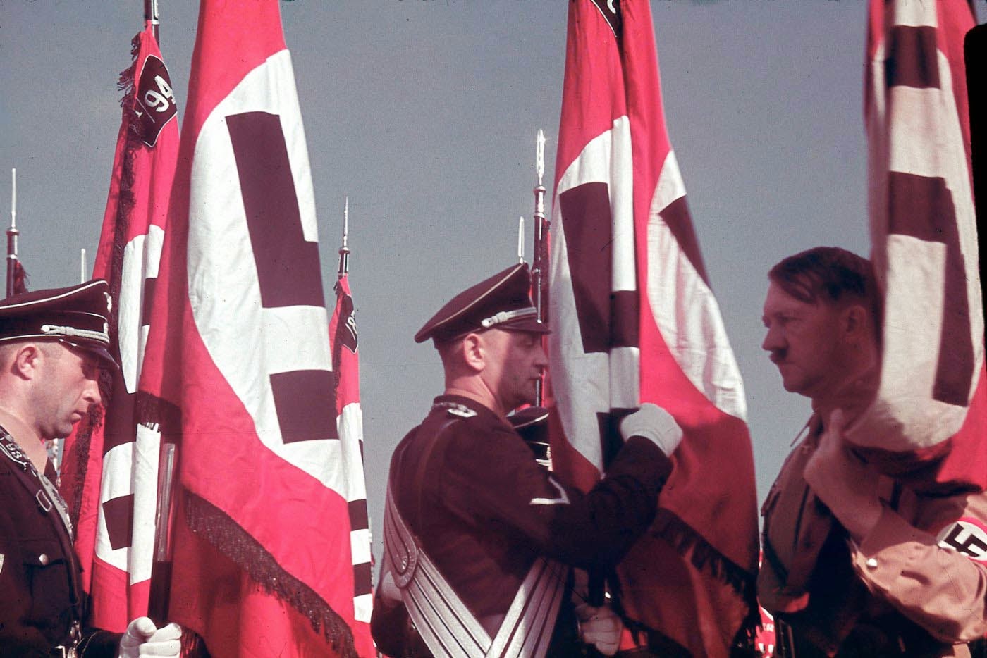 Adolf Hitler at the swearing-in of SS standard bearers at the Reich Party Congress, Nuremberg, 1938.