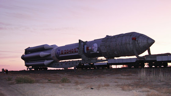 Proton-M carrier rocket with Kosmos military-purpose satellite transported to the launch pad at Baikonur space center Proton-M carrier rocket