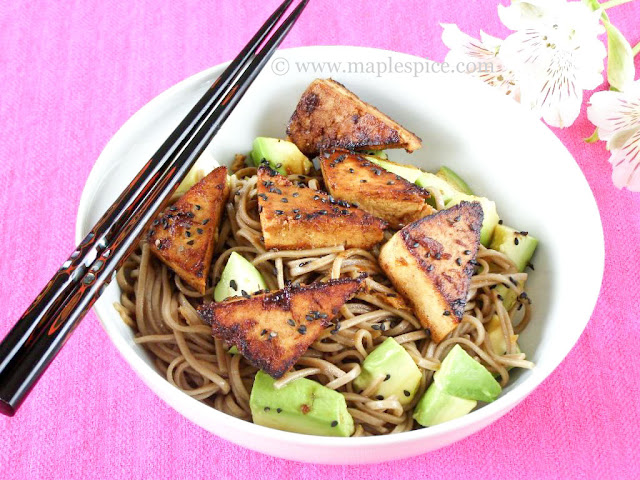Spicy Ginger Tofu, Soba Noodle and Avocado Salad
