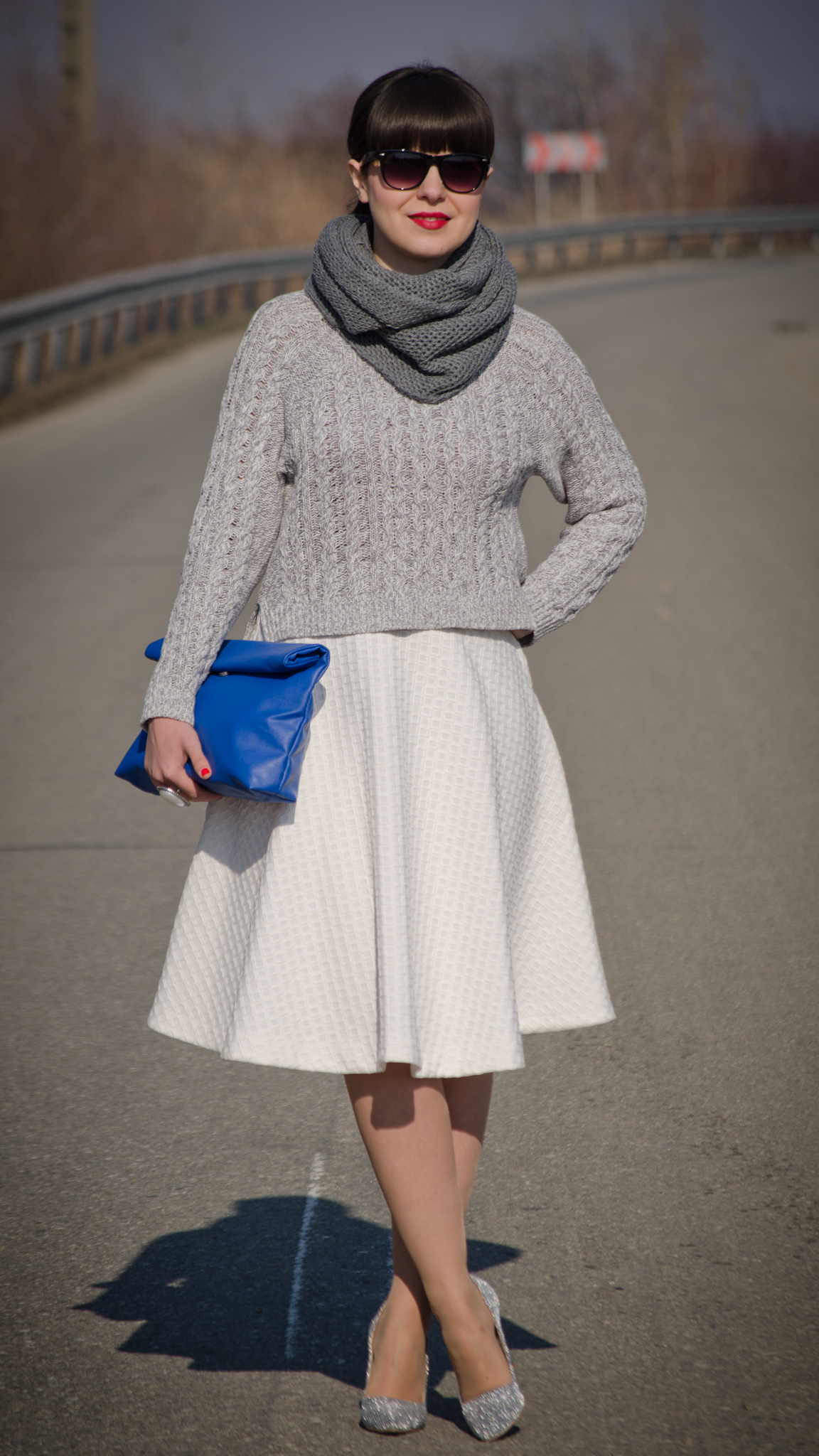 white full circle h&m skirt grey sweater sheinside coat scarf grey sparkly heels cobalt blue clutch new yorker