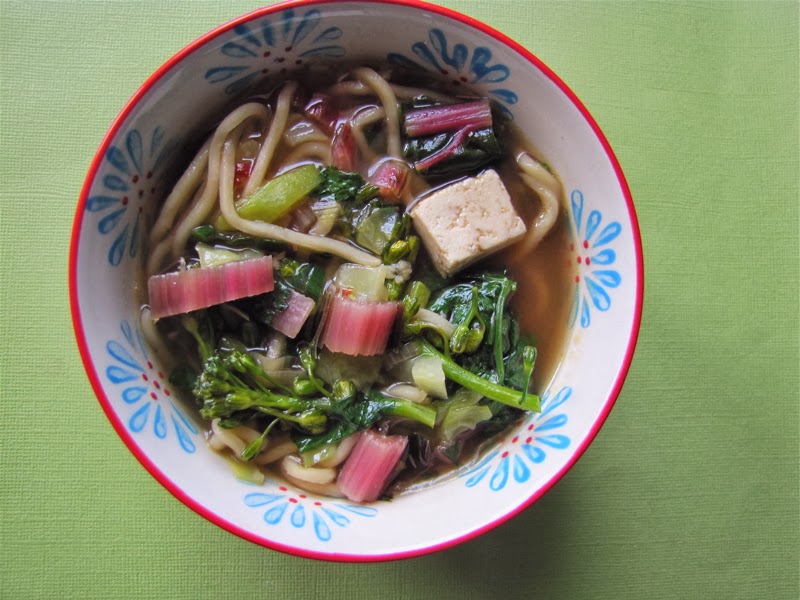 Albion Cooks Noodle Soup with Tofu, Broccolini & Chard Stems