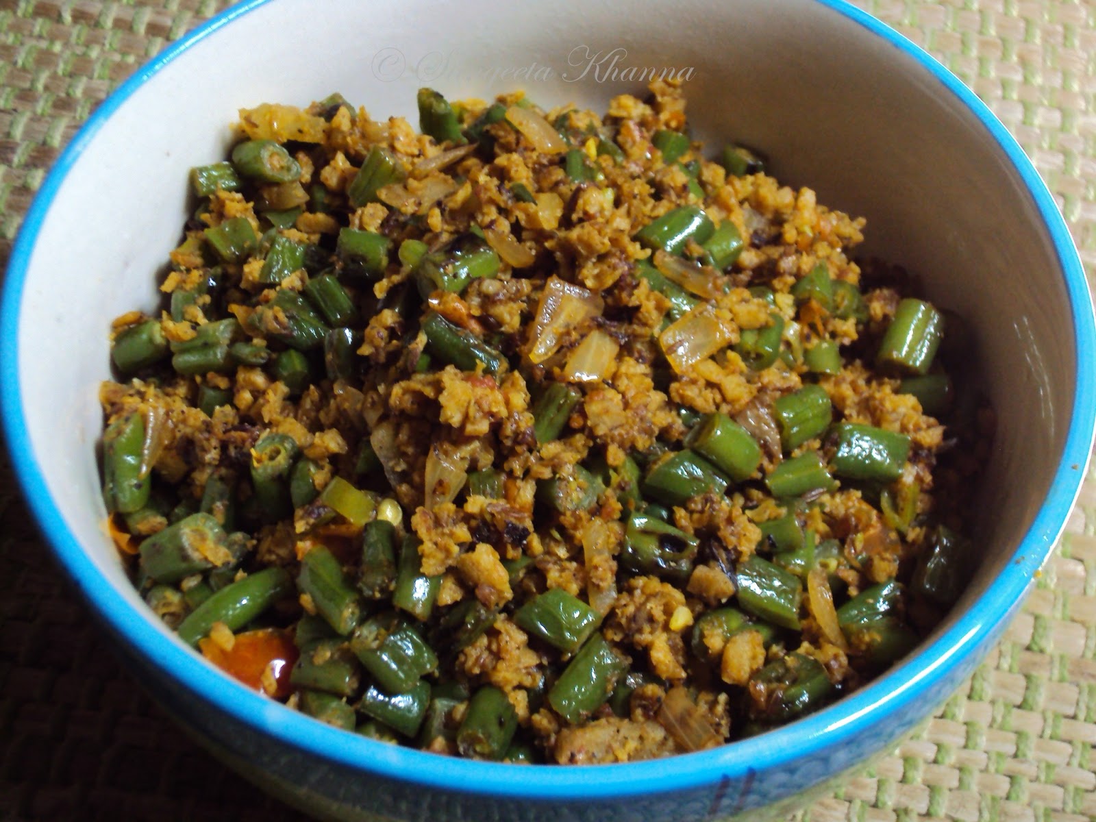 green beans and soy granules stir fried with ginger