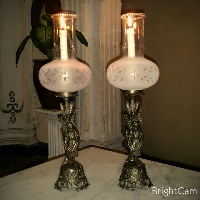 Pair Of French Spelter Figural Hurricane Lamp ca. 