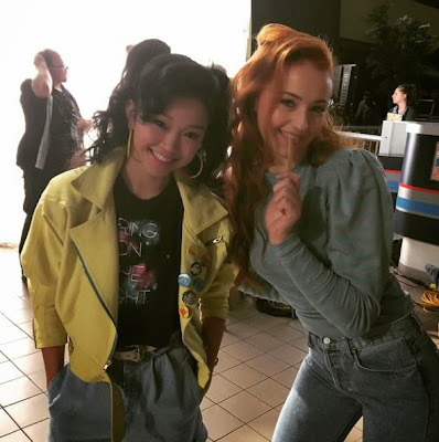 Lana Condor and Sophie Turner on the set of X-Men Apocalypse