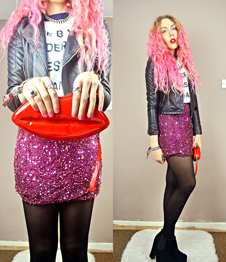Pink hair, leather quilted shoulder jacket, celeblook, the bags under my eyes are chanel tee, rock and religion griffin sequin jewel skirt, lulu mcguinness dupe ebay lip clutch, boohoo chelsea boot suede heels, uk fashion blogger, stephi lareine