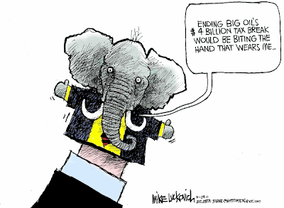 Mike Luckovich cartoon: GOP elephant puppet on hand says 'Ending Big Oil's $4B tax break would be biting the hand that wears me...'