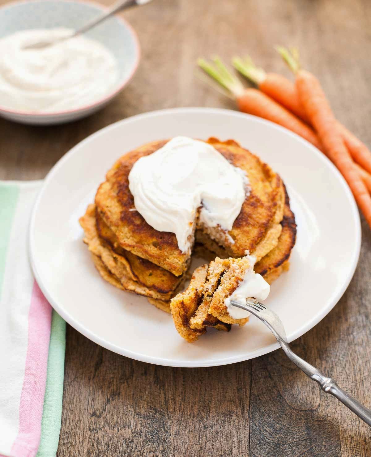 Paleo Carrot Cake Pancakes with Maple Whipped Cream Cheese | acalculatedwhisk.com