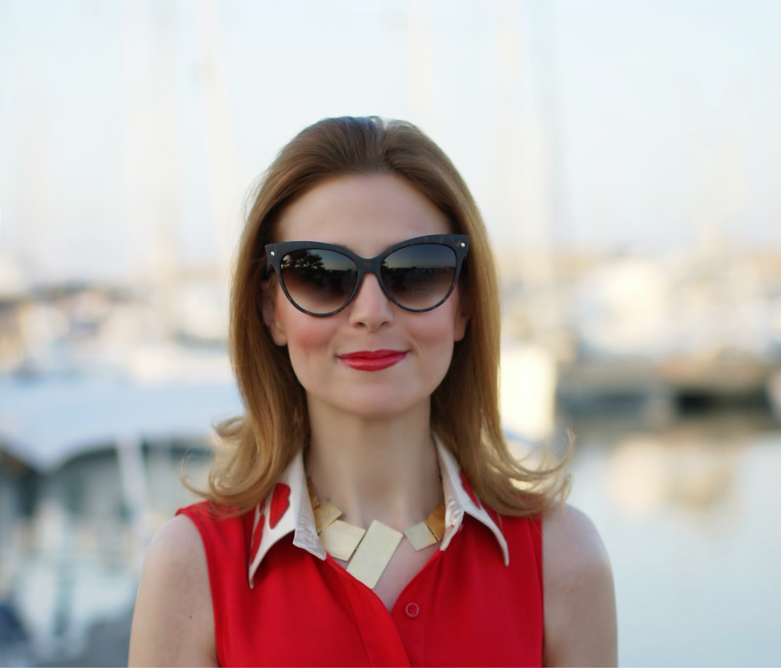 Vitti Ferria Contin necklace, NAU! sunglasses, red lips dress, MAC melba blush on face, Fashion and Cookies, fashion blogger