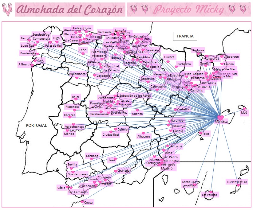 MAPA DE LAS CIUDADES EN LAS QUE SE ESTA LLEVANDO A CABO EL PROYECTO MICKY - ALMOHADA DEL CORAZON