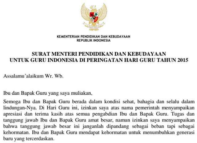 Surat Mendikbud Untuk Ibu Bapak Guru Di Peringatan Hari Guru Nasional Tahun 2015 Salam Edukasi