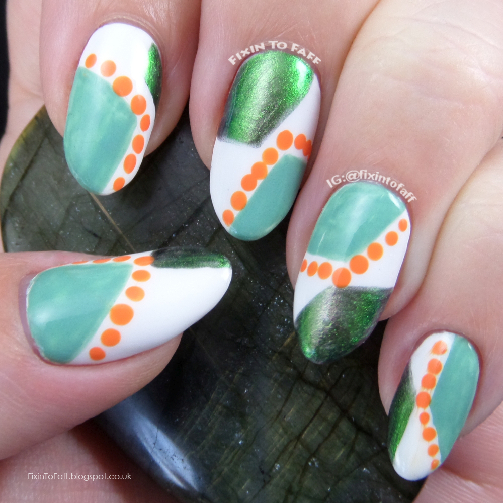 Freehand recreation of Doctor Crafty's Green and Orange Abstract geometric nail art.
