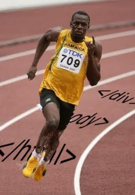 Usain Bold percorrendo uma pista com HTML