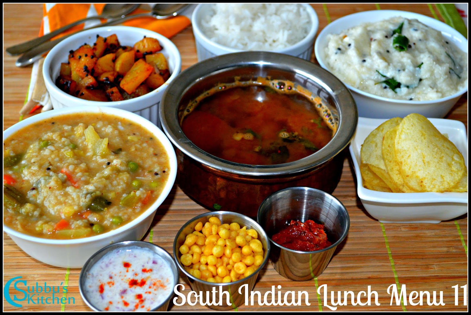 South Indian Lunch Menu 12 Bisibelabath, Kalyana Rasam, Potato stir