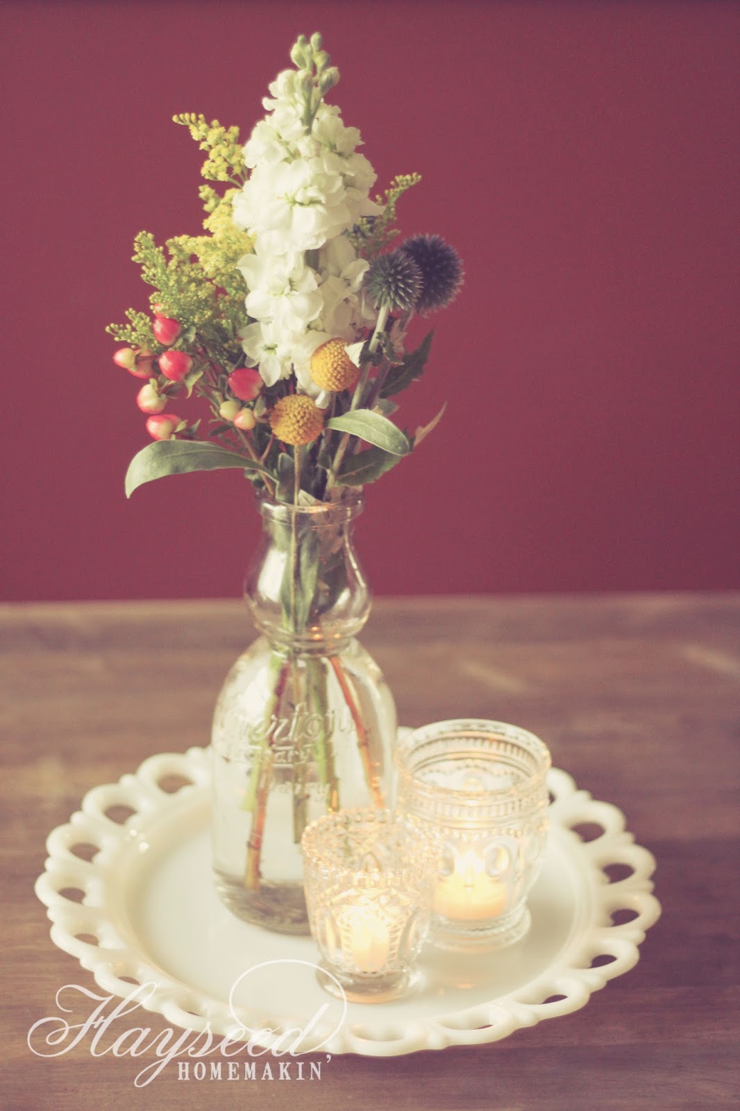 Hayseed Homemakin' Milk Bottle Centerpiece