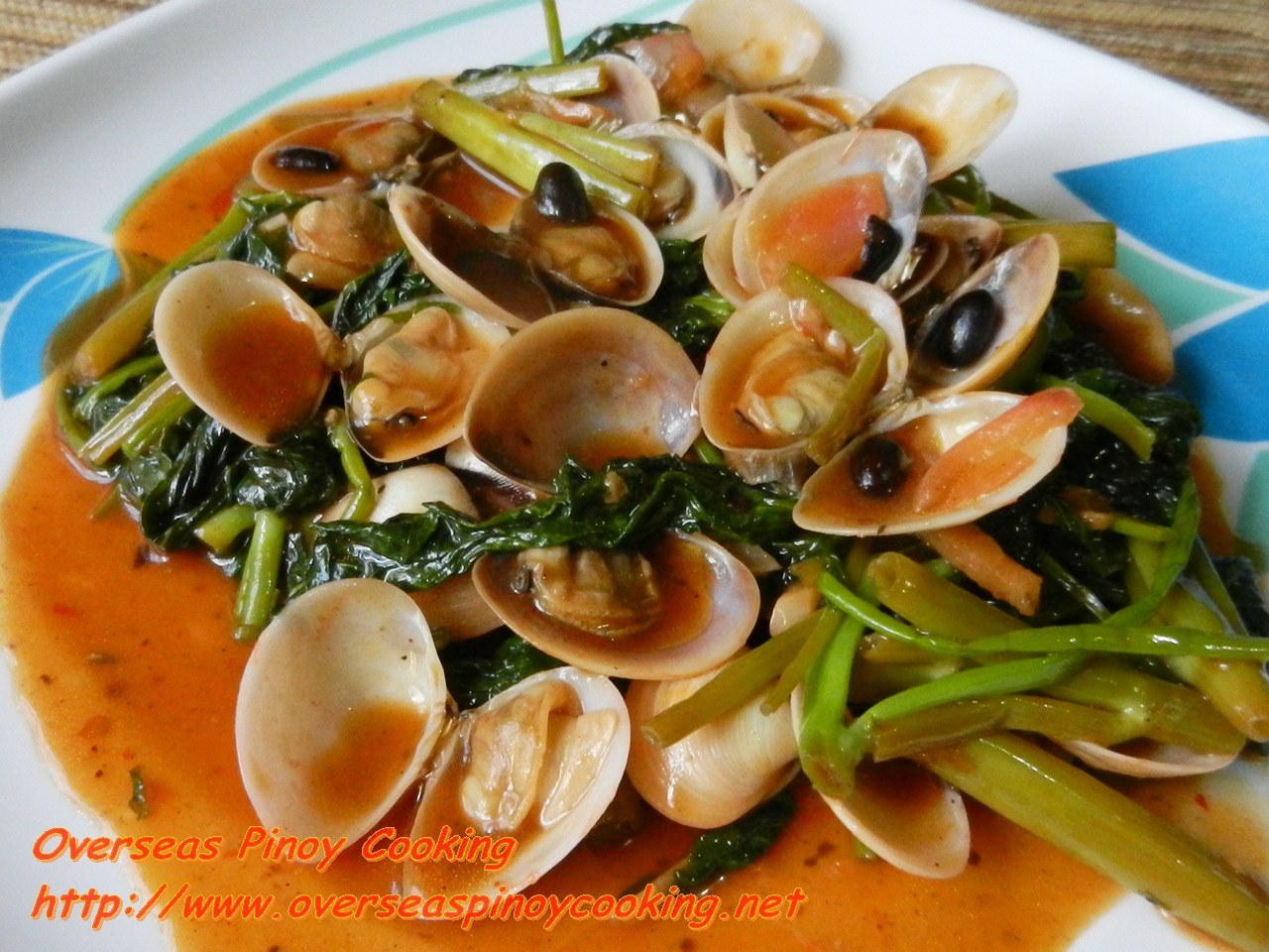 Overseas Pinoy Cooking Clams with Kangkong in Chili and Black Bean Sauce