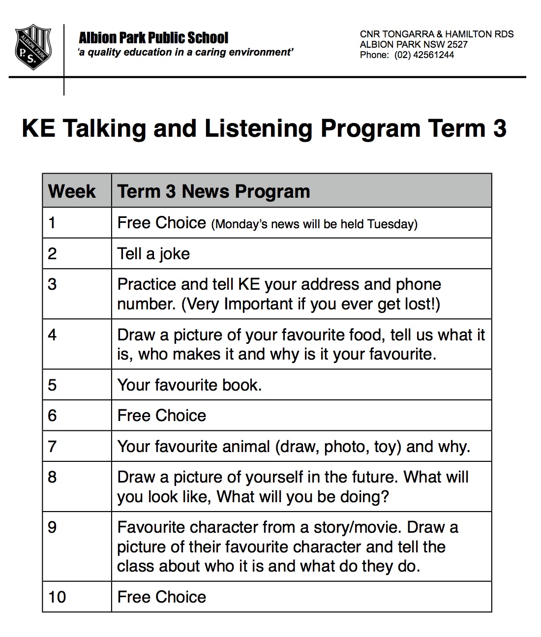 ke kindergarten term 3 news show and tell topics show and tell letter a