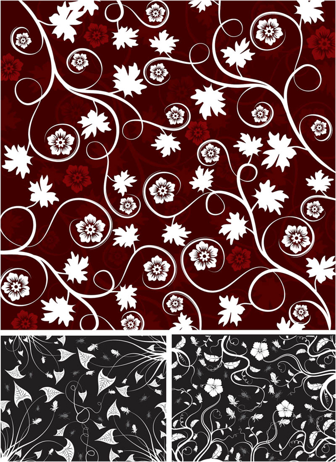 Ai Eps イラストレーター ダーク調の渦巻く植物パターンの背景 Dark Floral Patterns With Swirls And Flowers イラスト素材