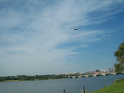 An airplane flying over the Potomac River, Washington D.C
