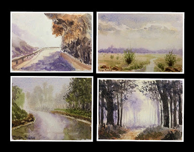 Four small water colour paintings created on hand made paper by Manju Panchal