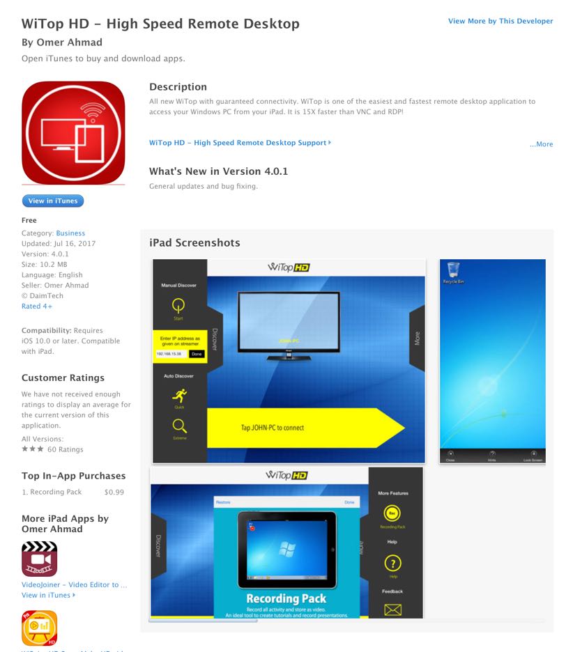 Free iOS App Today WiTOP HD High Speed Remote Desktop App UCET
