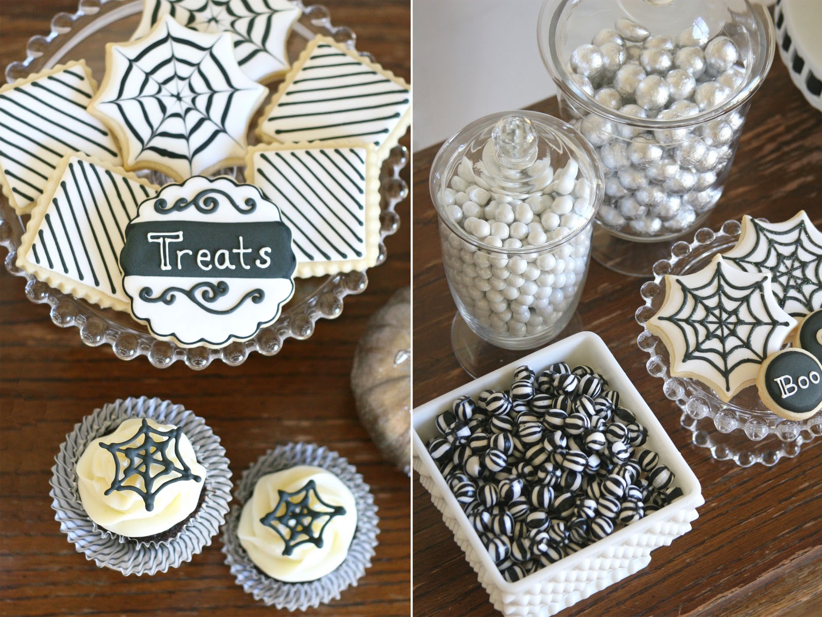 black and white halloween dessert table