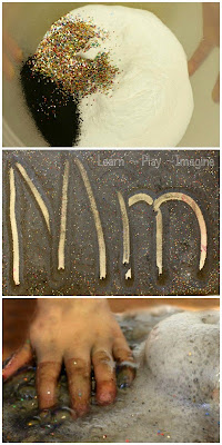 Erupting moon dust - a sensory tray for mark making, letter tracing, tactile learning.