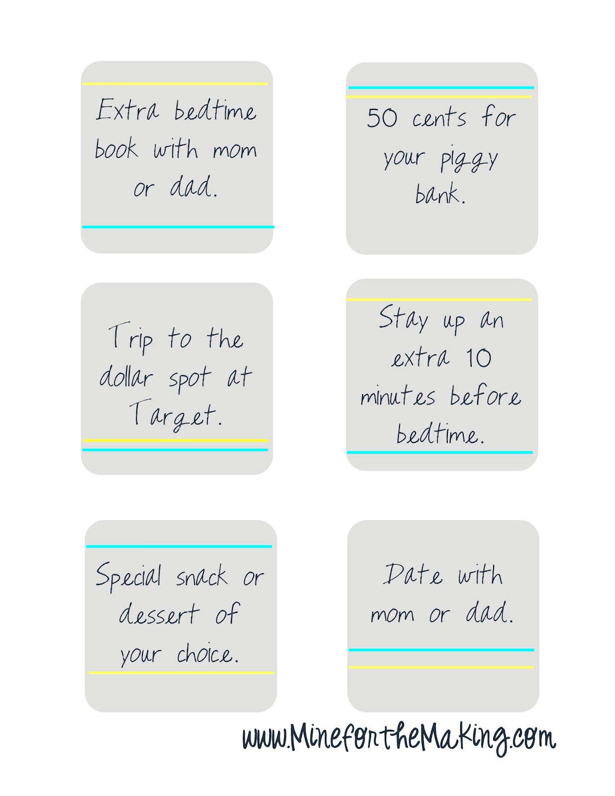 Chore Chart Reward Cards {printable} Mine for the Making