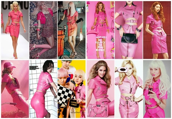 Moschino SS15 Barbie Pink Cropped Biker Perfecto Jacket With Leather Pencil Skirt 16 Looks Same or Not by SheenaSon宣娜:名模女星撞衫芭比穿搭