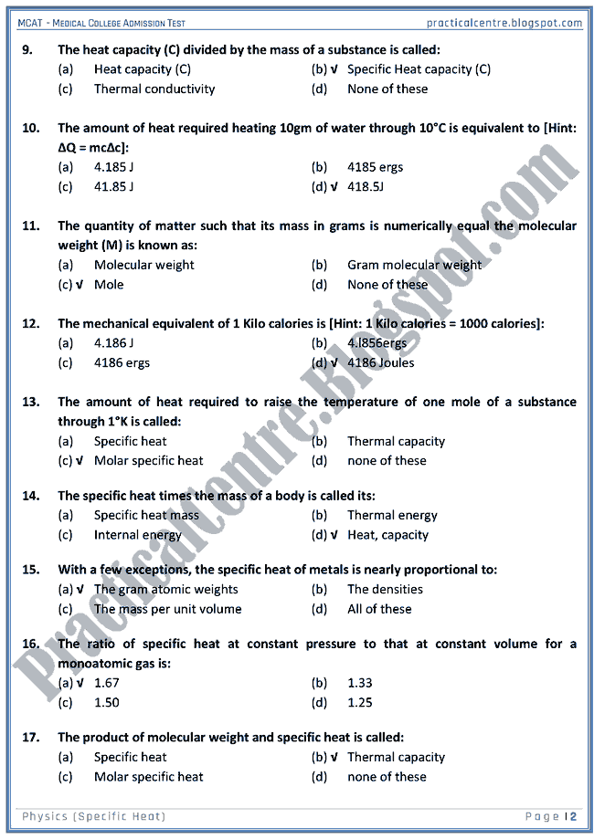 mcat-physics-specific-heat-mcqs-for-medical-college-admission-test