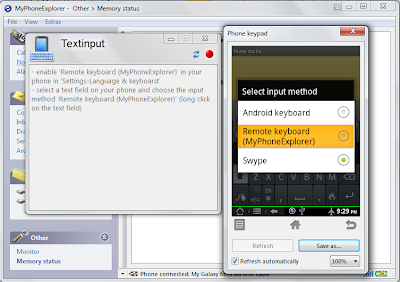 MyPhoneExplorer - Select Remote keyboard to input text via PC keyboard on your device.