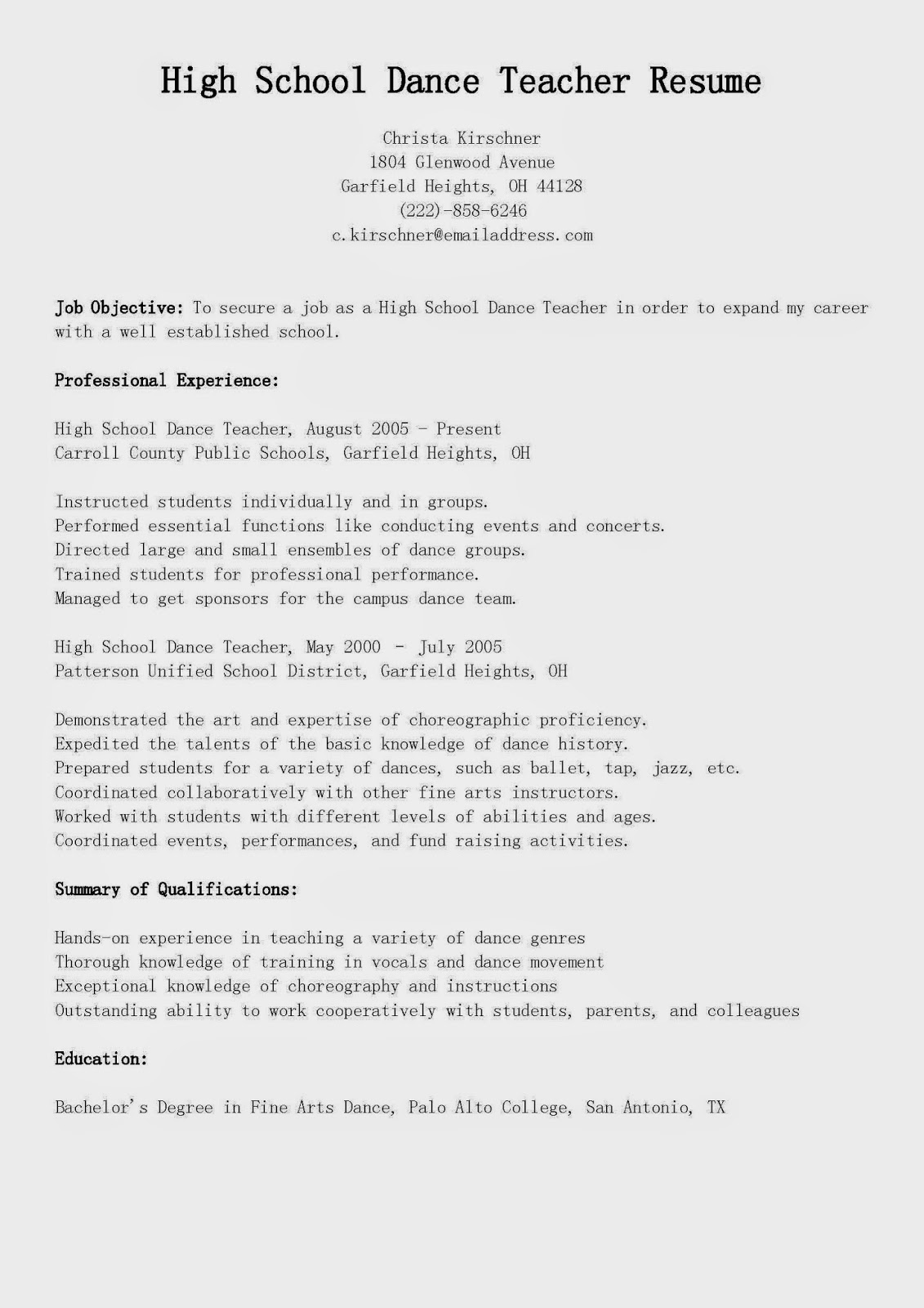resume samples high school dance teacher resume sample dancer resume sample
