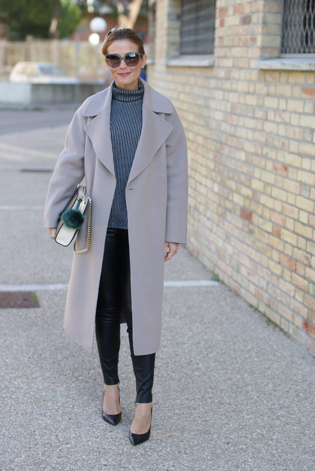 Chic and sophisticated look with a Vogos Mathilda coat, faux leather pants and black pumps on Fashion and Cookies fashion blog, fashion blogger style