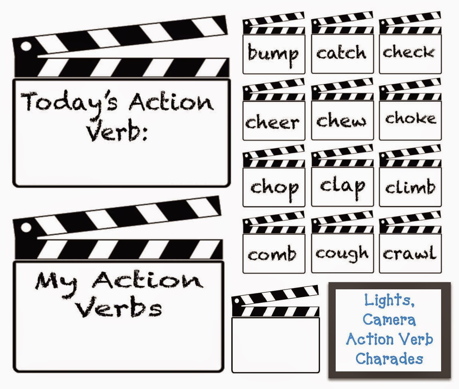 Classroom Freebies Lights, Camera, Action Verbs Charades