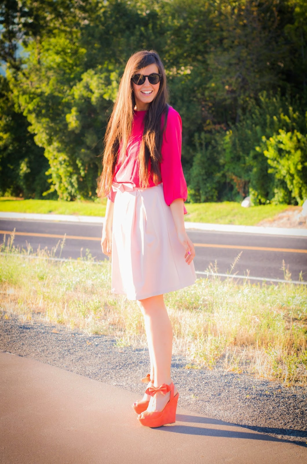bow outfit, bow back, bow skirt, bow shirt, 3/4 sleeve bow top, pink skirt, pink pleated skirt, how to wear a bow back shirt, midi skirt, bow wedges, what to wear with wedges, bow outfit, bow back, bow skirt, bow shirt, 3/4 sleeve bow top, pink skirt, pink pleated skirt, how to wear a bow back shirt, midi skirt, bow wedges, what to wear with wedges,