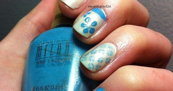 cream & blue floral nail design